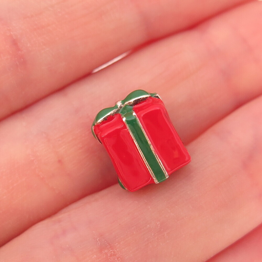 925 Sterling Silver Enamel Present Box Slide Bead Charm